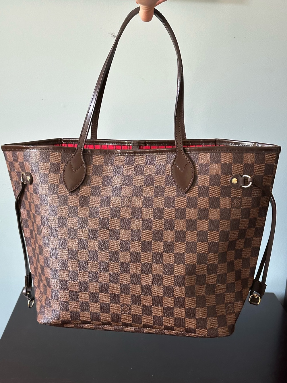 Louis Vuitton Damier Ebene Neverfull MM Tote with Red Interior
